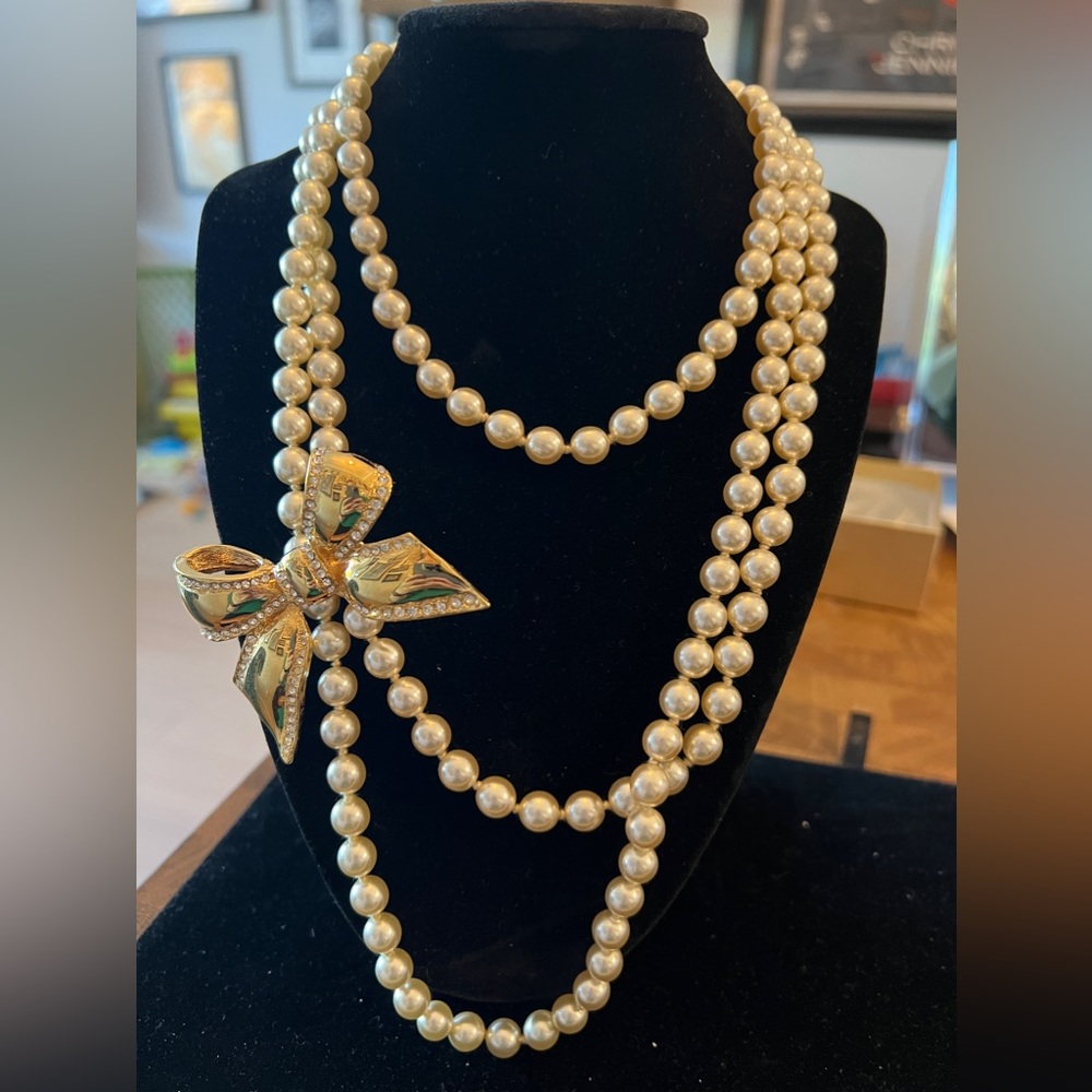 Vintage Kenneth Jay Lane Opera Length Faux Pearl Strand W/ Gold Tone Bow Clasp